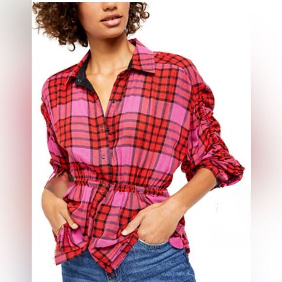 Free People Red and Pink Plaid Ruched Button Down Shirt - Picture 1 of 10